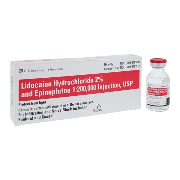 Lidocaine HCl Epinephrine Injection 2% 1:200,000 Preservative Free SDV 20mL 5/Bx