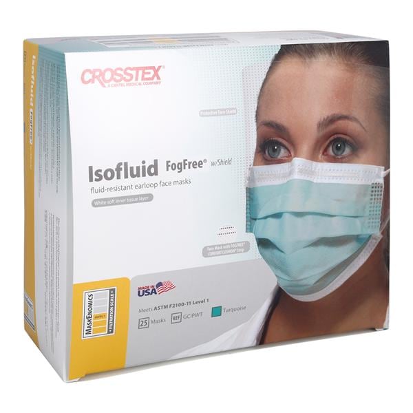 Isofluid Fog-Free Combination Mask / Shield ASTM Level 1 Anti-Fog Turqus 25/Bx