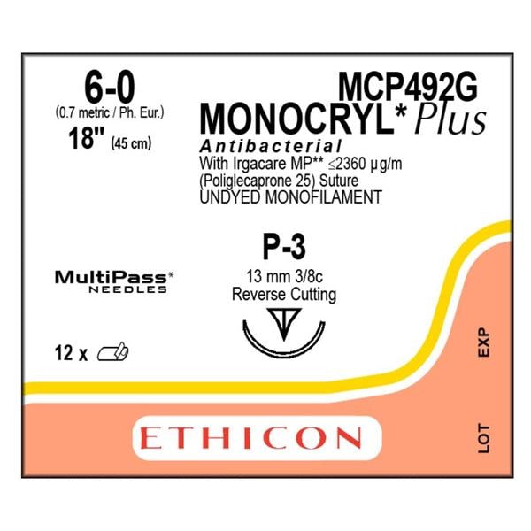 Monocryl Plus Suture 6-0 18" Triclosan/Polyglecaprone 25 Mnflmnt P-3 Undyd 12/Bx