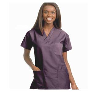 Scrub Shirt V-Neck 3 Pockets Set-In Short Sleeves Medium Eggplant Unisex Ea