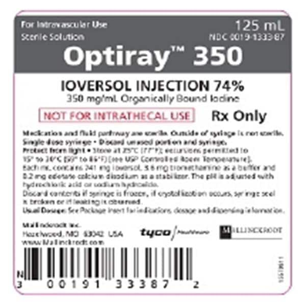 Optiray 350 Injection 74% Power Injector Syringe 125mL 20/Package