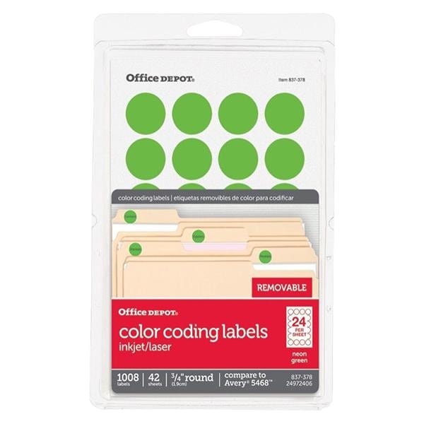 Removable Color-Coding Labels 3/4 in Dia Green Neon 1008/Pack 1008/Pk