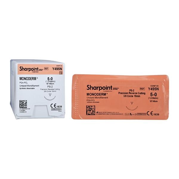 Monoderm Suture 5-0 18" Poliglecaprone 25 Monofilament DSM19 Undyed 12/Bx