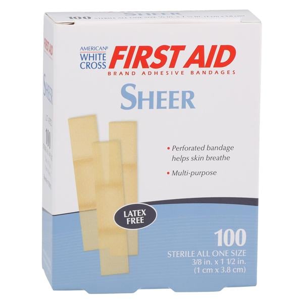 American White Cross Adhesive Strip Bandage Plastic 3/8x1-1/2" Sheer Strl 100/Bx, 24 BX/CA