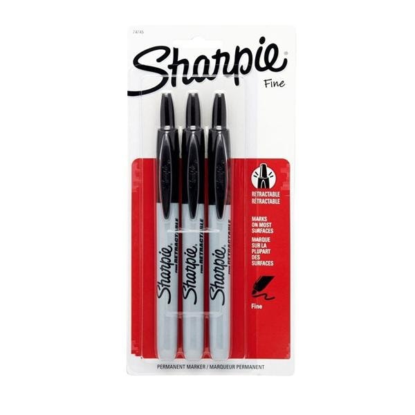 Sharpie Retractable Permanent Markers, Fine Point, Black, Pack of 3 3/Pk