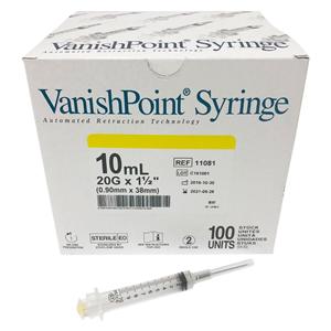 VanishPoint Hypodermic Syringe/Needle 20gx1-1/2" 10mL Rtrctbl No Dead Spc 600/Ca