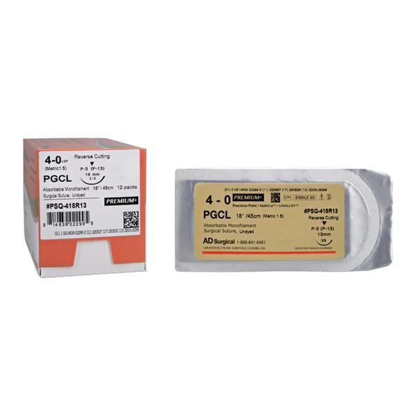 Premium Suture 4-0 18" Poliglecaprone Monofilament P-13 Undyed 12/Bx