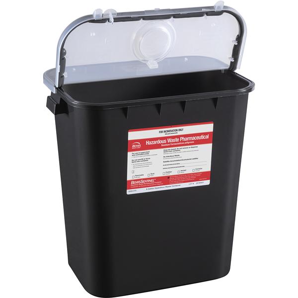 RCRA Hazardous Waste Container 8gal Black 5x5x8" Hinged Lid Plastic 10/Ca