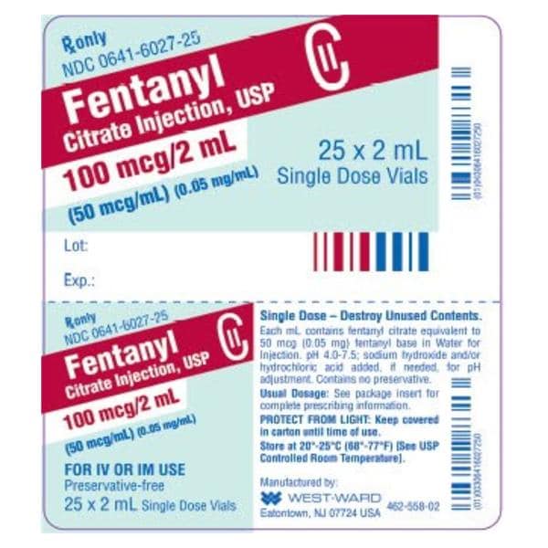 Fentanyl Citrate Injection 50mcg/mL SDV 2mL 25/Bx