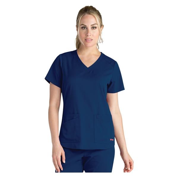 Greys Anatomy Stretch Scrub Top V-Neck 4 Pockets Small Indigo Womens Ea