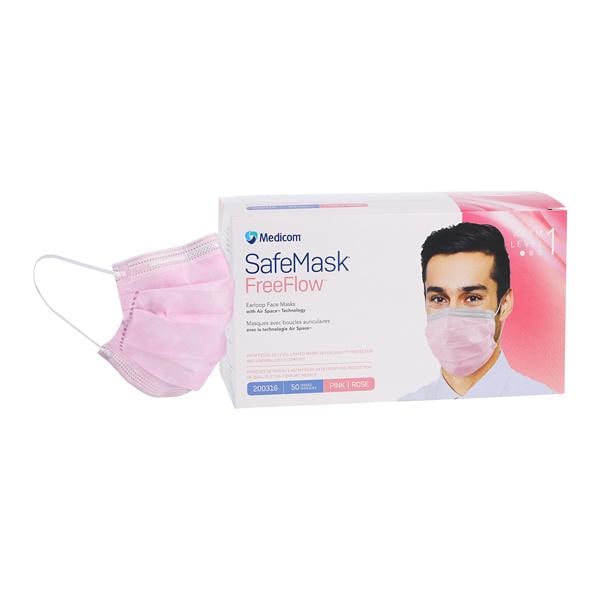 SafeMask FreeFlow Procedure Mask ASTM Level 1 Fog-Free Strip Pink Adult 50/Bx, 10 BX/CA