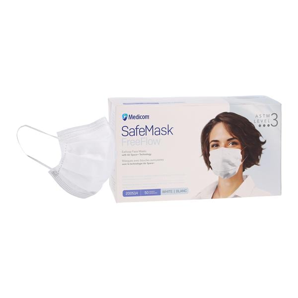 SafeMask FreeFlow Procedure Mask ASTM Level 3 Fog-Free Strip White Adult 50/Bx, 10 BX/CA