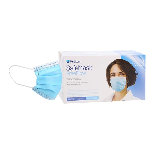 SafeMask FreeFlow Procedure Mask ASTM Level 3 Fog-Free Strip Blue Adult 50/Bx, 10 BX/CA