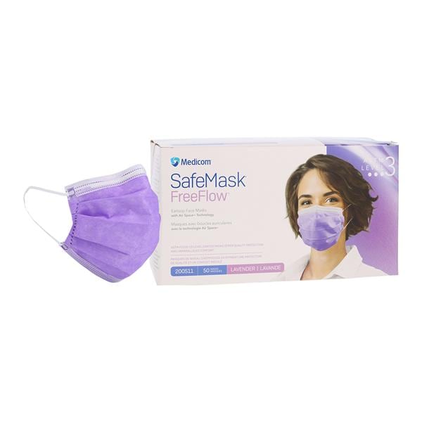 SafeMask FreeFlow Procedure Mask ASTM Level 3 Fog-Free Strip Lav Adult 50/Bx, 10 BX/CA