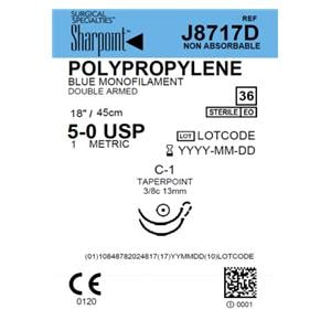 Sharpoint Plus Suture 5-0 18" Polypropylene Monofilament C-1 Blue 36/Bx