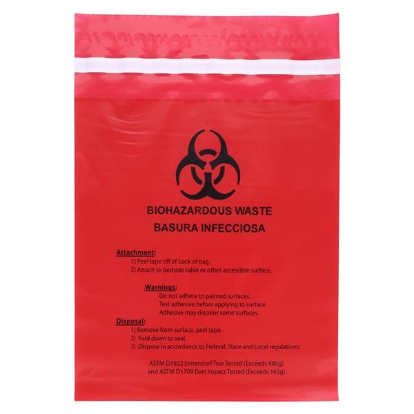 Biohazardous Waste Bag 2mil 9x10" Red Stick-On Plastic 100/Bx