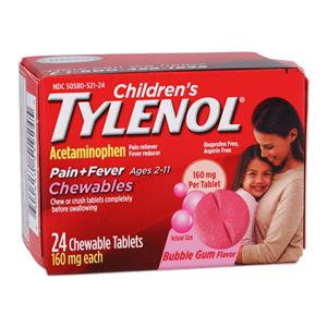 Tylenol Chld 2-11 Pn Rlvr/Fvr Rdcr Chewable Tablets 160mg Bubble Gum 3Bt/Pk, 16 IP/CA