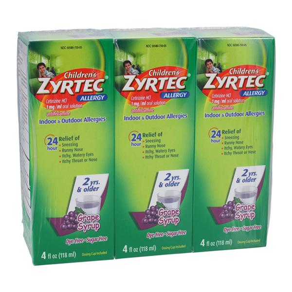 Zyrtec 2yr-Adult Alrgy Oral Solution DyFr 1mg/mL Grape 3/Pk, 12Pk/Ca 4oz 3/Pk, 12 IP/CA