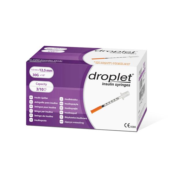 Droplet Insulin Syringe 30gx12.5mm 0.3mL Protective Cap Low Dead Space 500/Ca