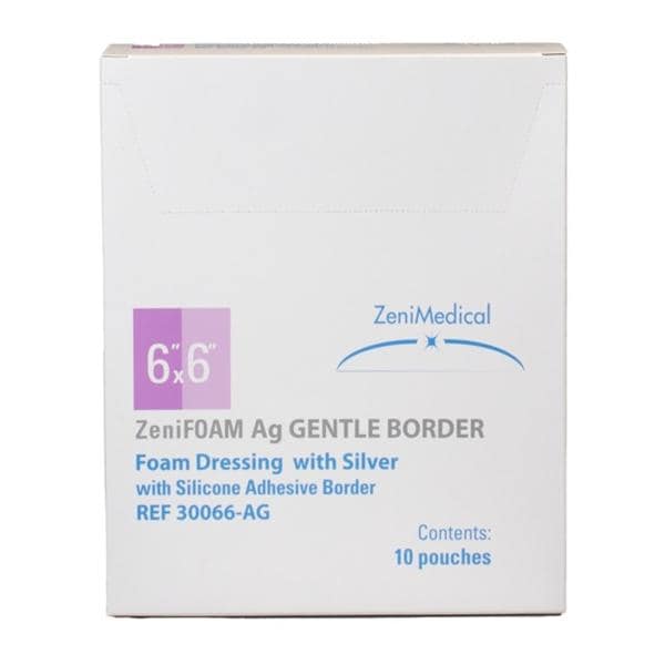 ZeniFOAM Ag GENTLE BORDER PU Fm Wound Dressing 6x6 Strl Sq Slcn Adh NAdh Tn