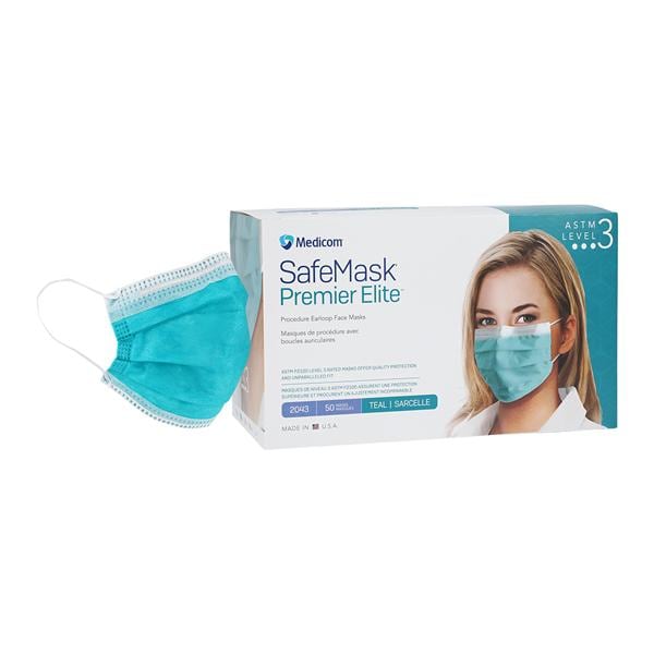 SafeMask Premier Elite Earloop Mask ASTM Level 3 Teal 50/Bx, 10 BX/CA