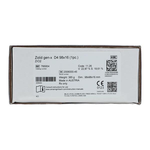 Zolid Gen-X Zirconia Disc D4+ 98x16 Ea