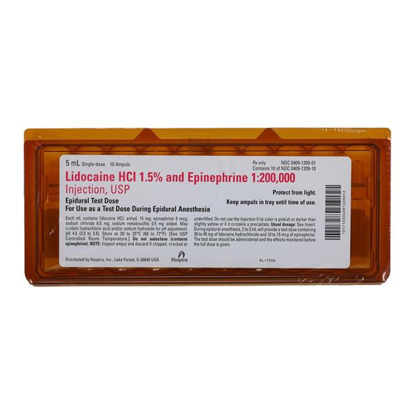 Lidocaine HCl Epinephrine Injection 1.5% 1:200,000 PF Ampule 5mL 10/Bx