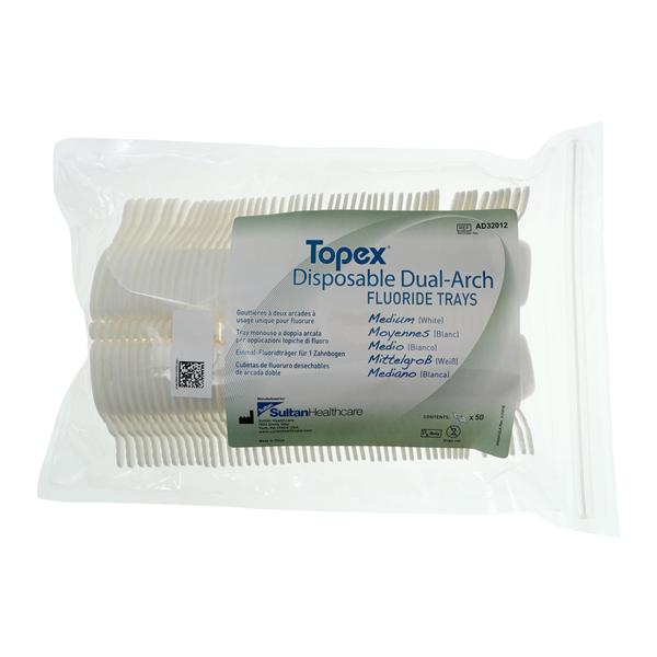 Topex Dual Arch Fluoride Trays Foam Medium w/ Lckng Hdls White Disposable 50/Pk