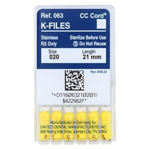 Zipperer Hand K-File 21 mm Size 20 Stainless Steel Yellow 6/Bx