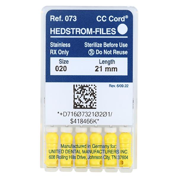 Zipperer Hand Hedstrom Files 21 mm Size 20 Stainless Steel Yellow 6/Bx