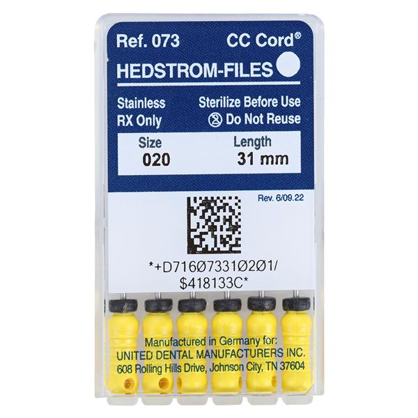 Hand Hedstrom Files 31 mm Size 20 Stainless Steel Yellow 6/Bx