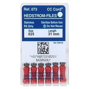 Zipperer Hand Hedstrom Files 31 mm Size 25 Stainless Steel Red 6/Bx