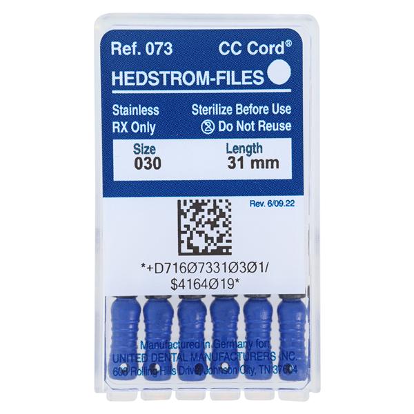 Zipperer Hand Hedstrom Files 31 mm Size 30 Stainless Steel Blue 6/Bx