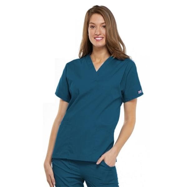 Cherokee Scrub Shirt V-Neck Short Sleeves Small Caribbean Blue Womens Ea