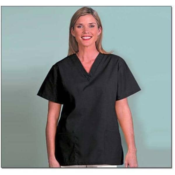 Scrub Shirt V-Neck 2 Pockets Set-In Short Sleeves Small Black Womens Ea