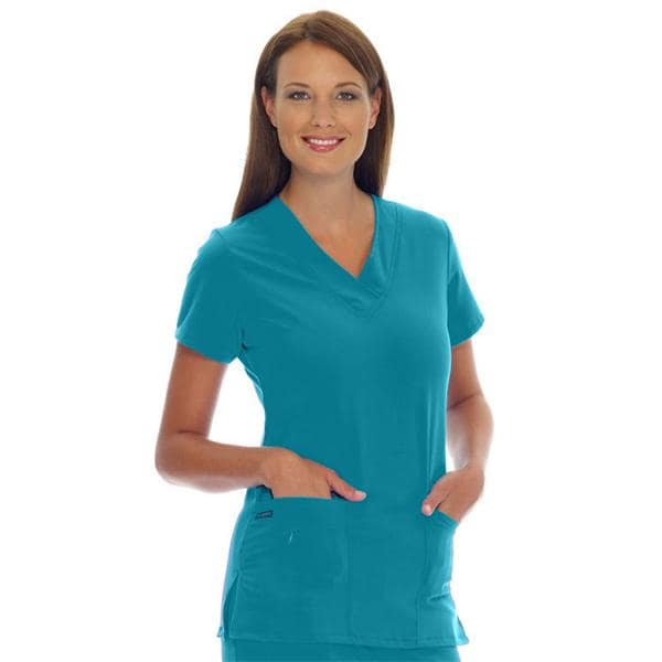 Scrub Shirt V-Neck 3 Pockets Short Sleeves Medium Teal Womens Ea