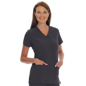 Scrub Shirt V-Neck 3 Pockets Short Sleeves Large Charcoal Womens Ea