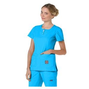 Scrub Top Double Zipper Crew Neck 4 Pkts Short Sleeves Small Elctrc Bl Womens Ea