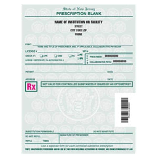 Healthcare Facility Prescription Pads New Jersey 2-Part Vertical 8/Bx