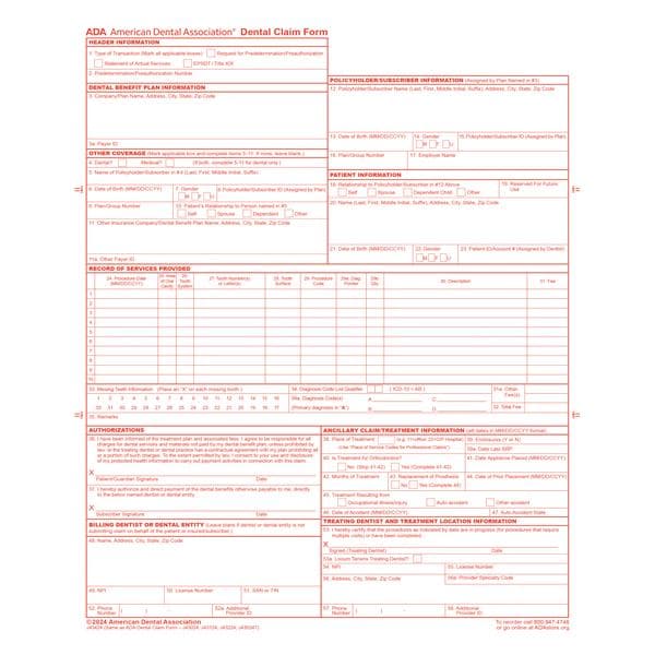 American Dental Association Claim Form Forms 2024 8.5 in x 11 in 100/Pk