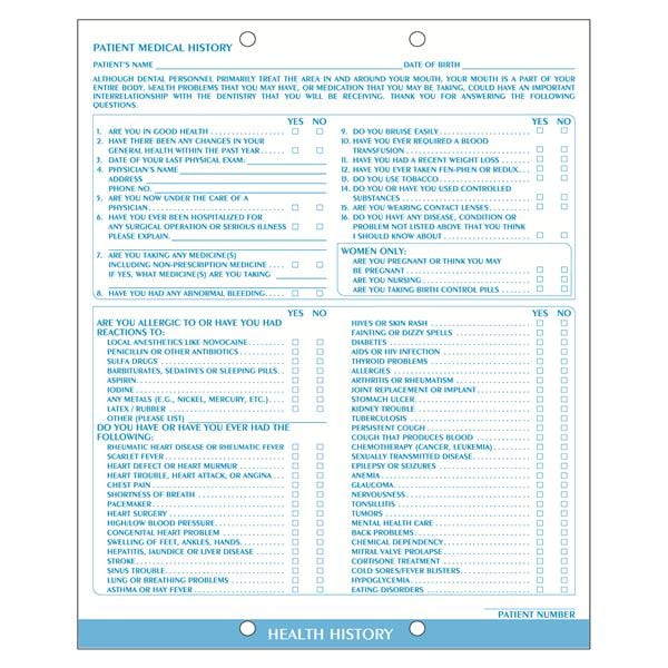 Clinical Record Dental Chart Health History 2 Sided Blue Ink 100/Pk