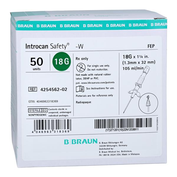 Introcan Safety IV Catheter Safety 18 Gauge 1-1/4" Green 50/Bx