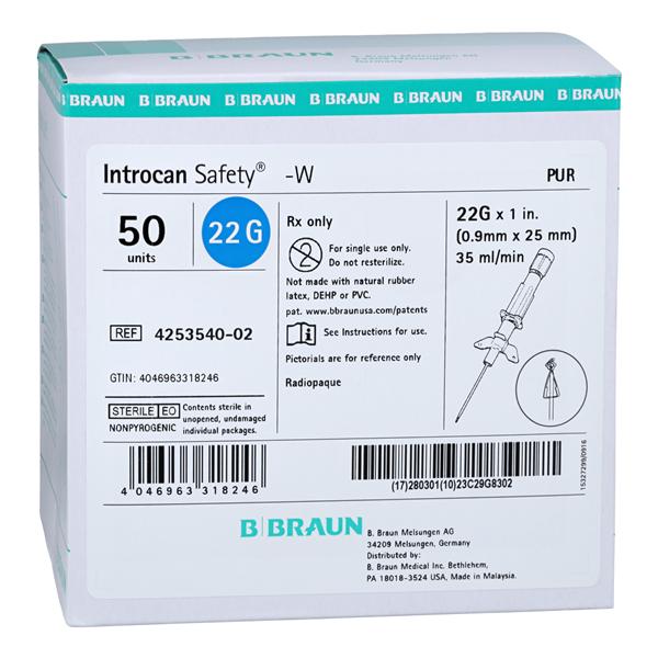 Introcan Safety IV Catheter Safety 22 Gauge 1" Blue Straight 50/Bx