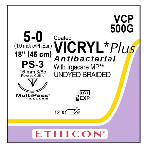 Coated Vicryl Plus Suture 5-0 18" Triclosan/Polyglactin 910 Brd PS-3 Undyd 12/Bx