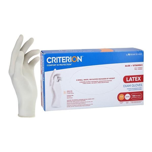 Criterion Aloe + Vitamin E Latex Exam Gloves X-Small Standard White Non-Sterile, 10 BX/CA