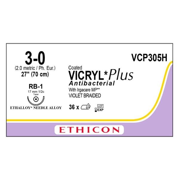 Vicryl Plus Suture 3-0 27" Triclosan/Polyglactin 910 Braid RB-1 Violet 36/Bx