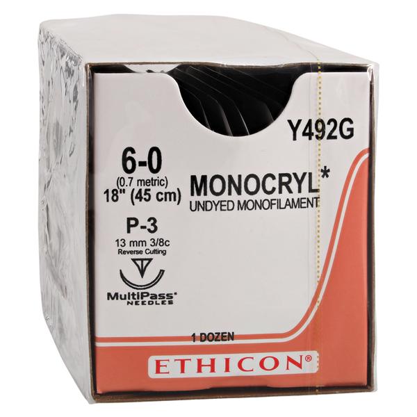 Monocryl Suture 6-0 18" Poliglecaprone 25 Monofilament P-3 Undyed 12/Bx