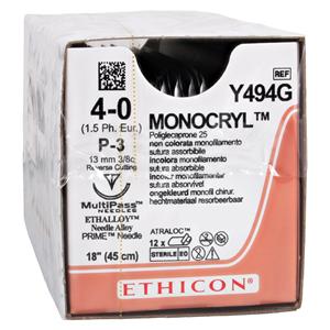 Monocryl Suture 4-0 18" Poliglecaprone 25 Monofilament P-3 Undyed 12/Bx