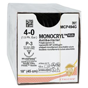 Monocryl Plus Suture 4-0 18" Triclosan/Polyglecaprone 25 Mnflmnt P-3 Undyd 12/Bx