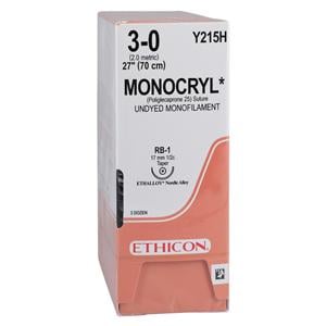 Monocryl Suture 3-0 27" Poliglecaprone 25 Monofilament RB-1 Undyed 36/Bx